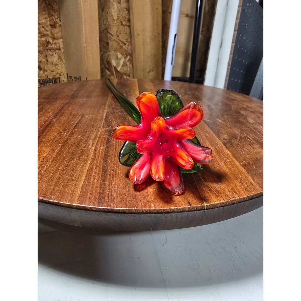 Vintage Hand Blown Art Glass Flower Long Stem Red Orange Green 10.5 Inch - Picture 6 of 6